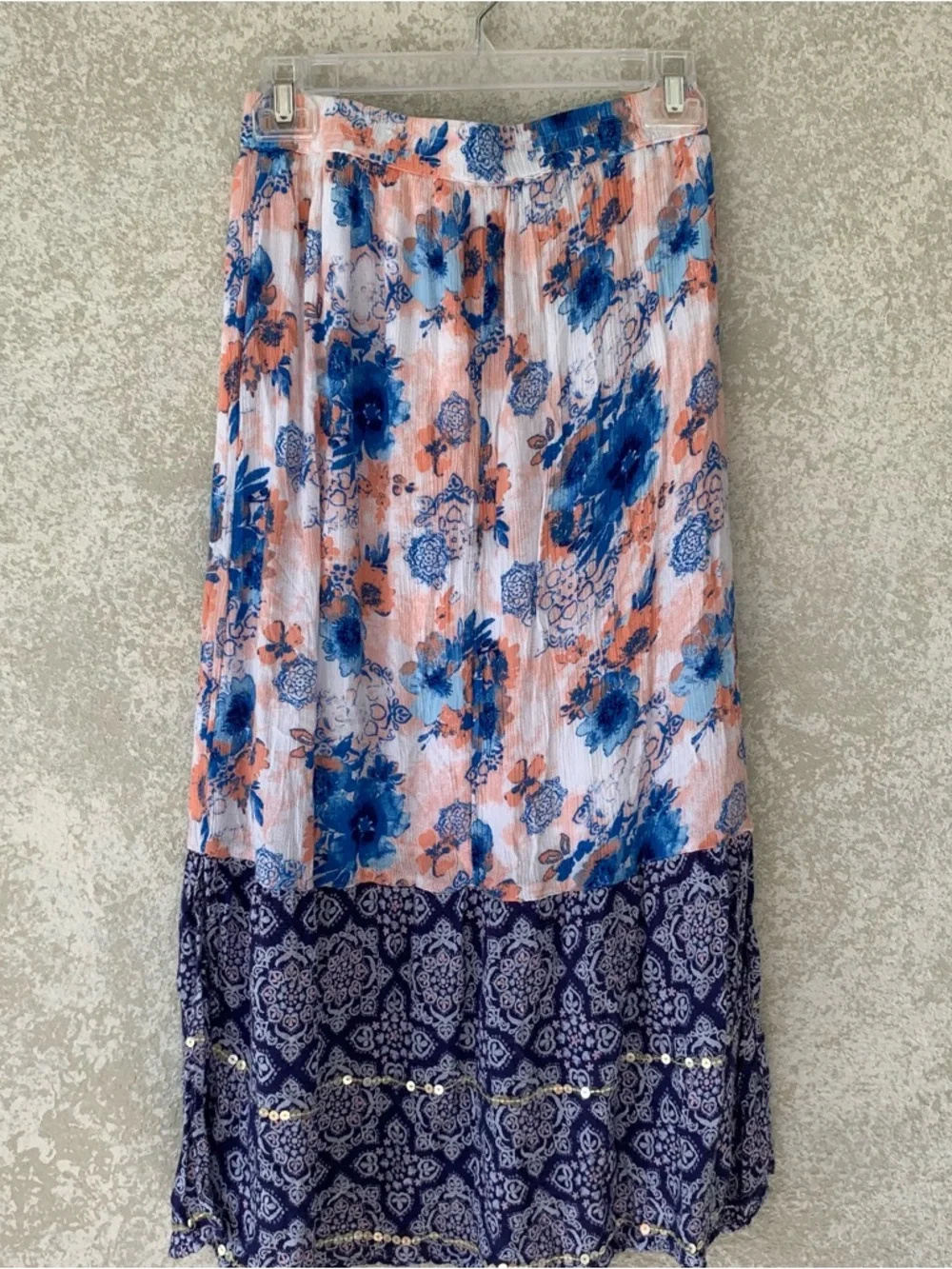 Justice Blue & Peach Floral Tiered Maxi Skirt Size 12 Rayon Flowy Lightweight